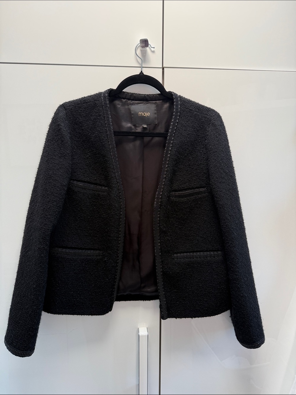 Maje Black Textured Open-Front Bouclé Blazer
